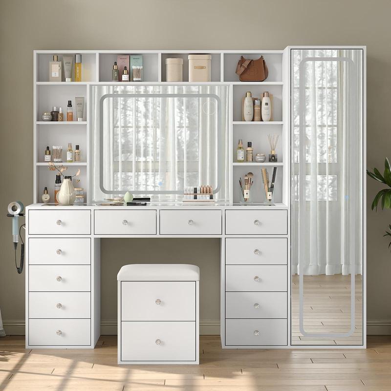 Luxury LED Vanity Desk with Mirror, Smart Makeup Station with Hidden Storage Cabinet & Charging Hub