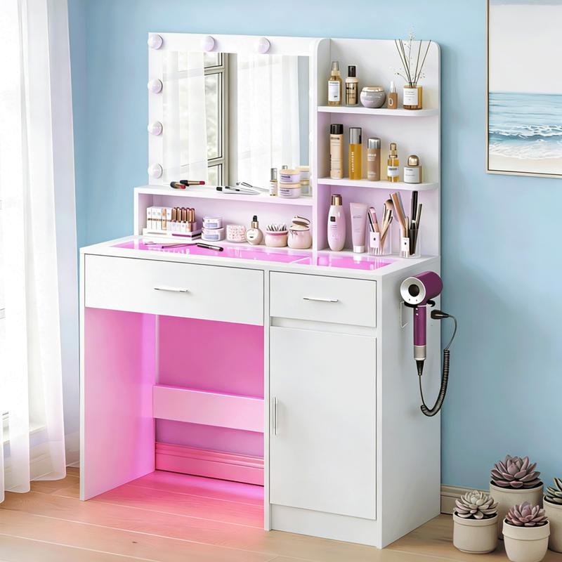 Vanity Desk With Mirror And 3 Lighting Modes 10 USB Power LED Lights