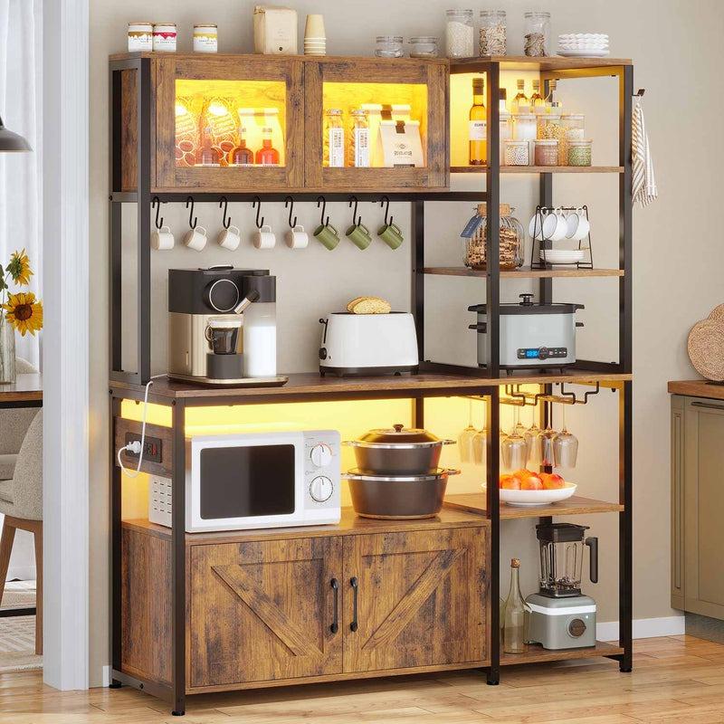 45.3 Inches Farmhouse Coffee Bar Bakers Rack with Power Outlet and LED Light