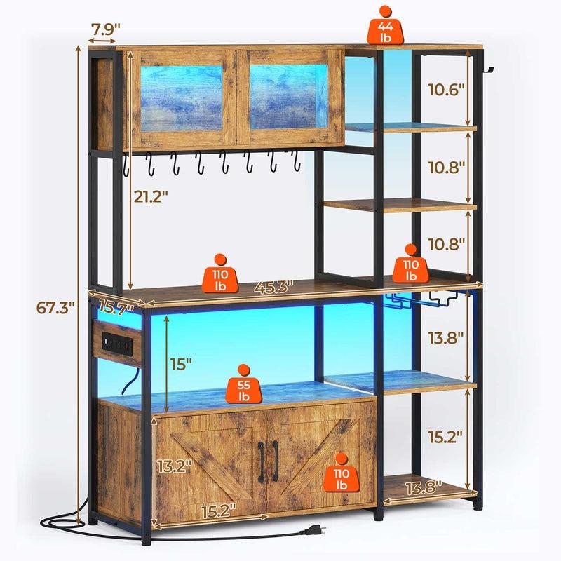 45.3 Inches Farmhouse Coffee Bar Bakers Rack with Power Outlet and LED Light