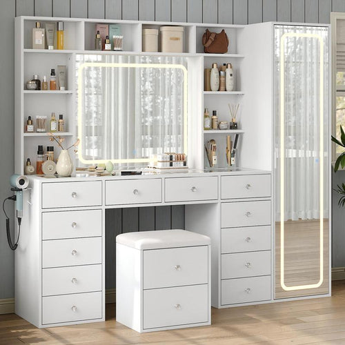 Luxury LED Vanity Desk with Mirror, Smart Makeup Station with Hidden Storage Cabinet & Charging Hub