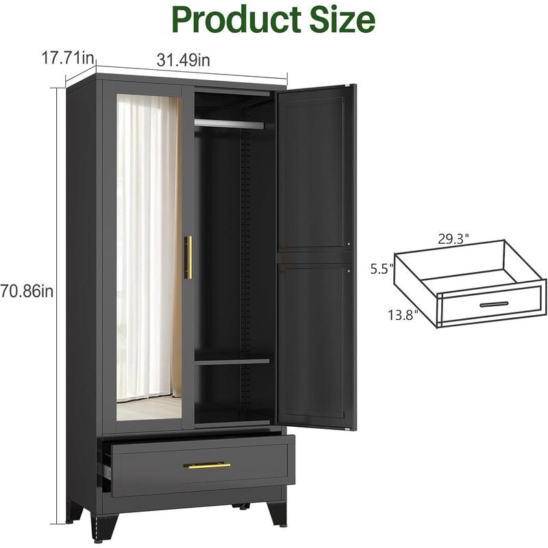 71" Wardrobe Cabinet with Adjustable Shelves and Hanging Rod