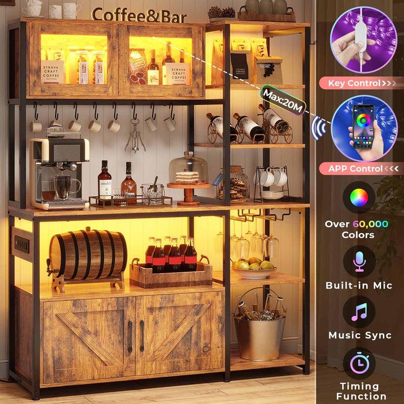 45.3 Inches Farmhouse Coffee Bar Bakers Rack with Power Outlet and LED Light