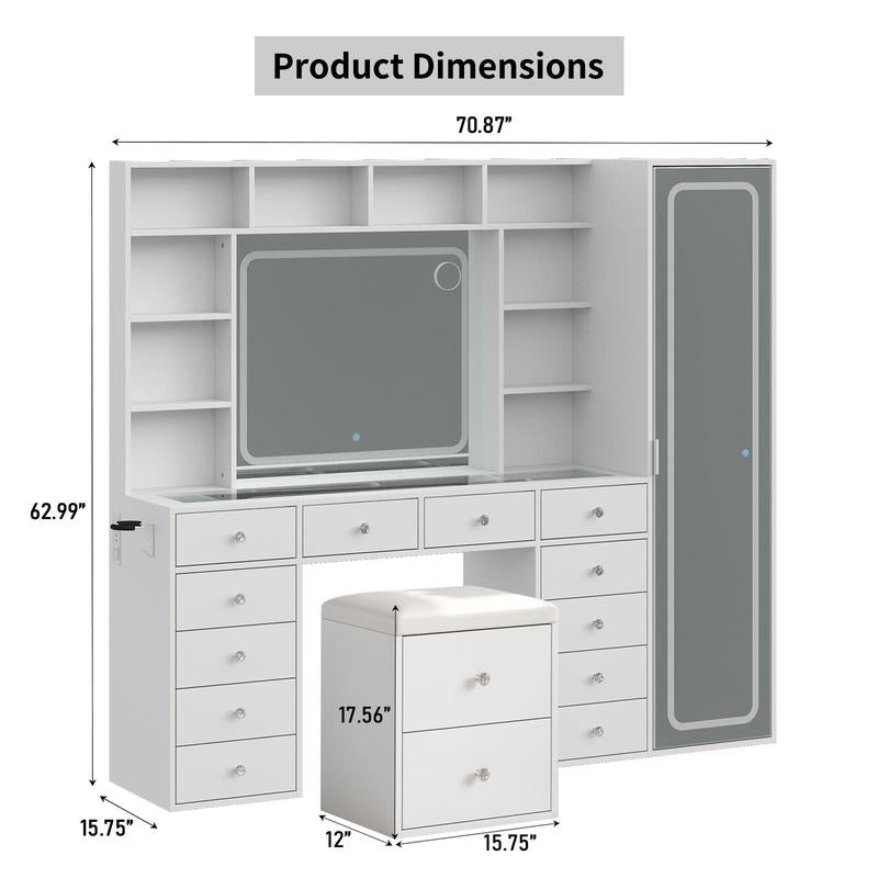 Luxury LED Vanity Desk with Mirror, Smart Makeup Station with Hidden Storage Cabinet & Charging Hub