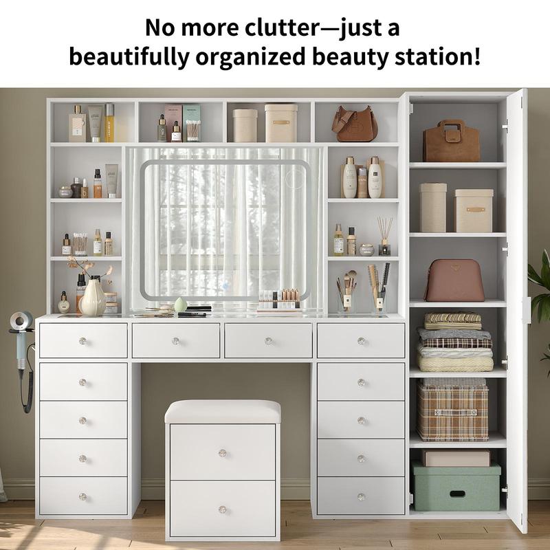 Luxury LED Vanity Desk with Mirror, Smart Makeup Station with Hidden Storage Cabinet & Charging Hub