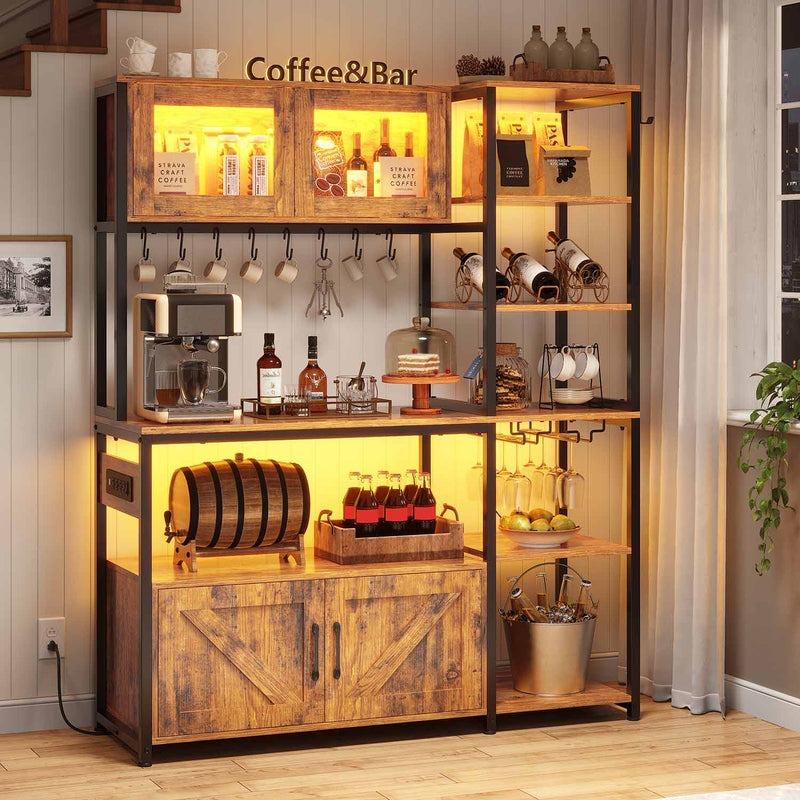 45.3 Inches Farmhouse Coffee Bar Bakers Rack with Power Outlet and LED Light