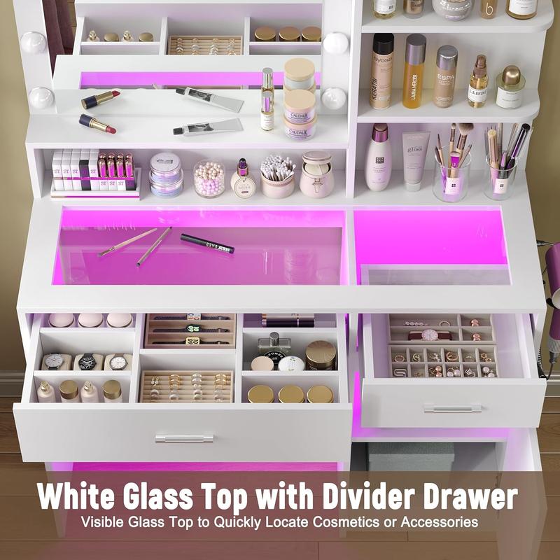 Vanity Desk With Mirror And 3 Lighting Modes 10 USB Power LED Lights