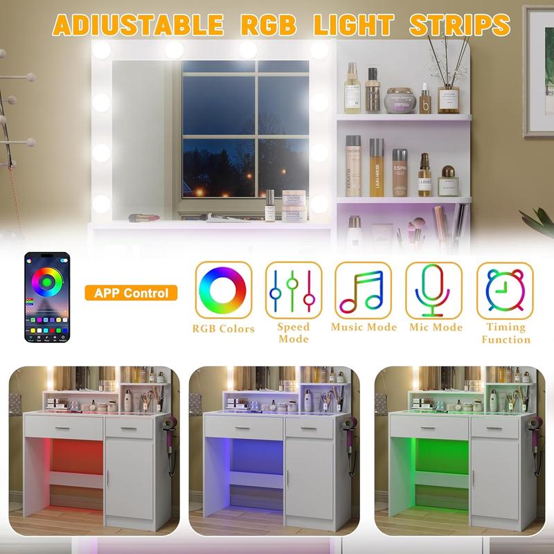 Vanity Desk With Mirror And 3 Lighting Modes 10 USB Power LED Lights