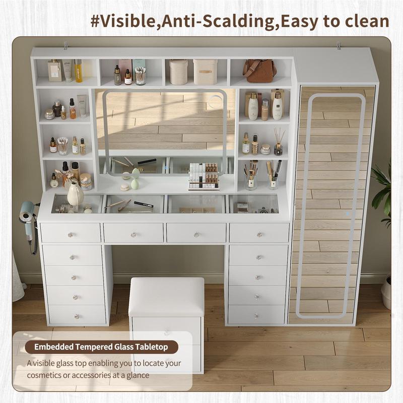 Luxury LED Vanity Desk with Mirror, Smart Makeup Station with Hidden Storage Cabinet & Charging Hub