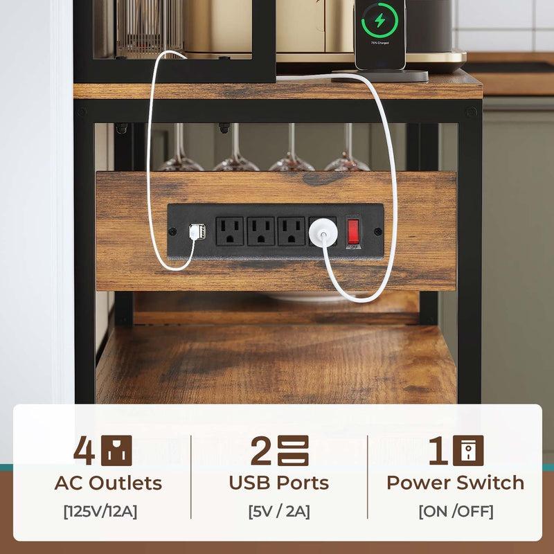 45.3 Inches Farmhouse Coffee Bar Bakers Rack with Power Outlet and LED Light