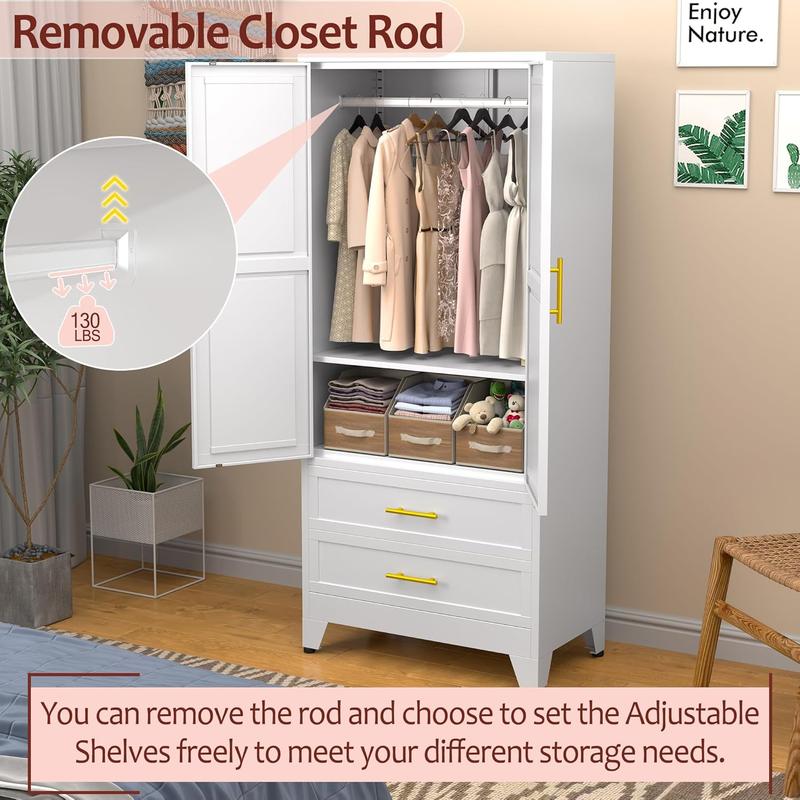 71" Wardrobe Cabinet with Adjustable Shelves and Hanging Rod