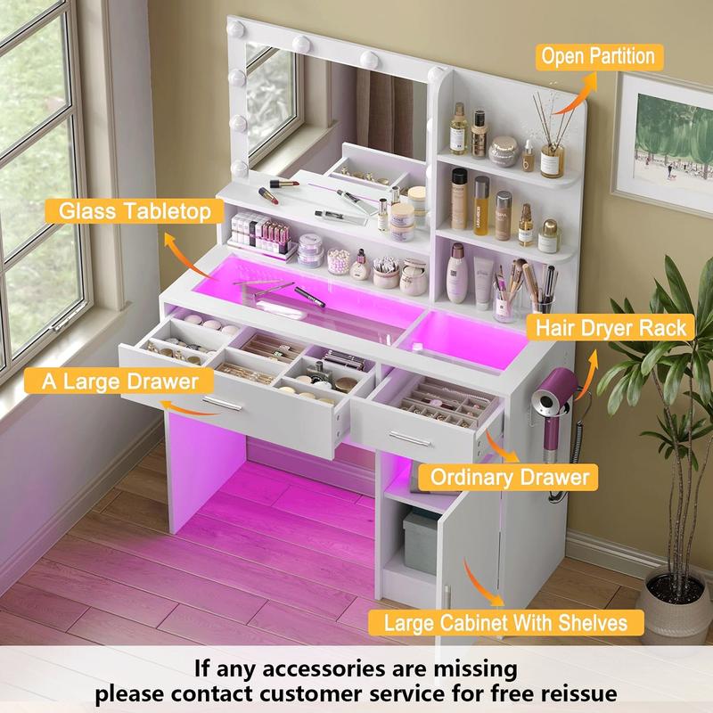 Vanity Desk With Mirror And 3 Lighting Modes 10 USB Power LED Lights