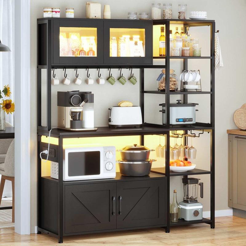 45.3 Inches Farmhouse Coffee Bar Bakers Rack with Power Outlet and LED Light