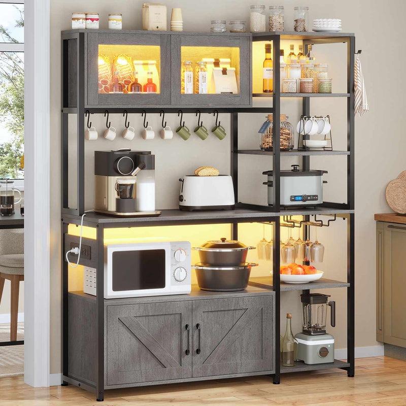 45.3 Inches Farmhouse Coffee Bar Bakers Rack with Power Outlet and LED Light