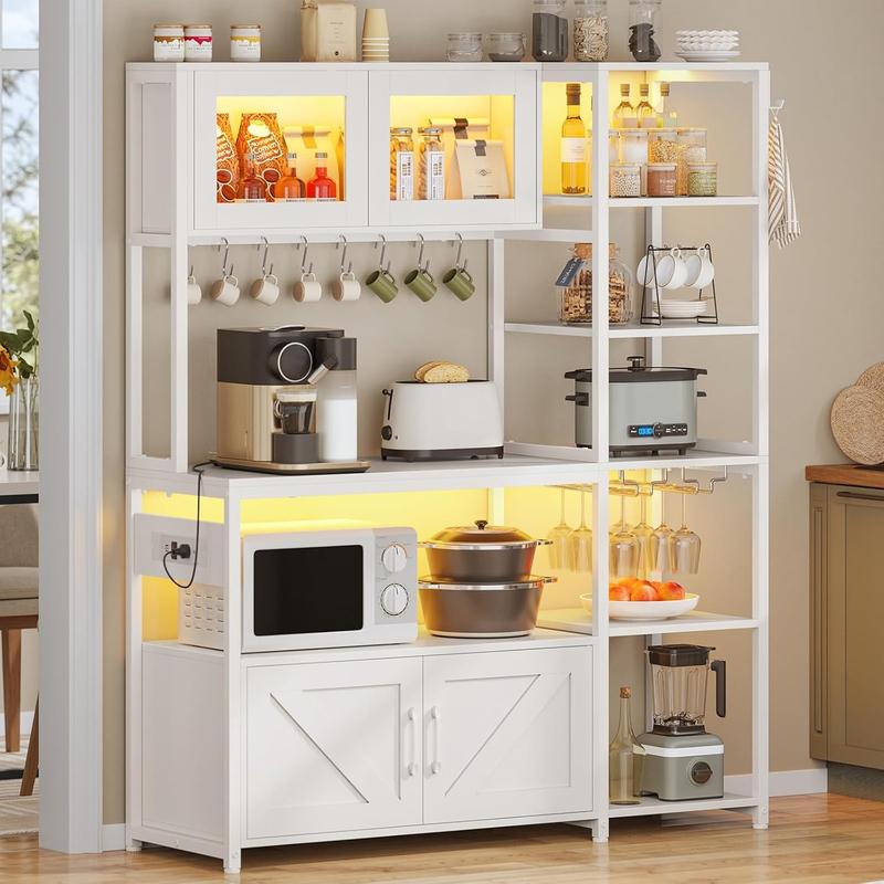 45.3 Inches Farmhouse Coffee Bar Bakers Rack with Power Outlet and LED Light