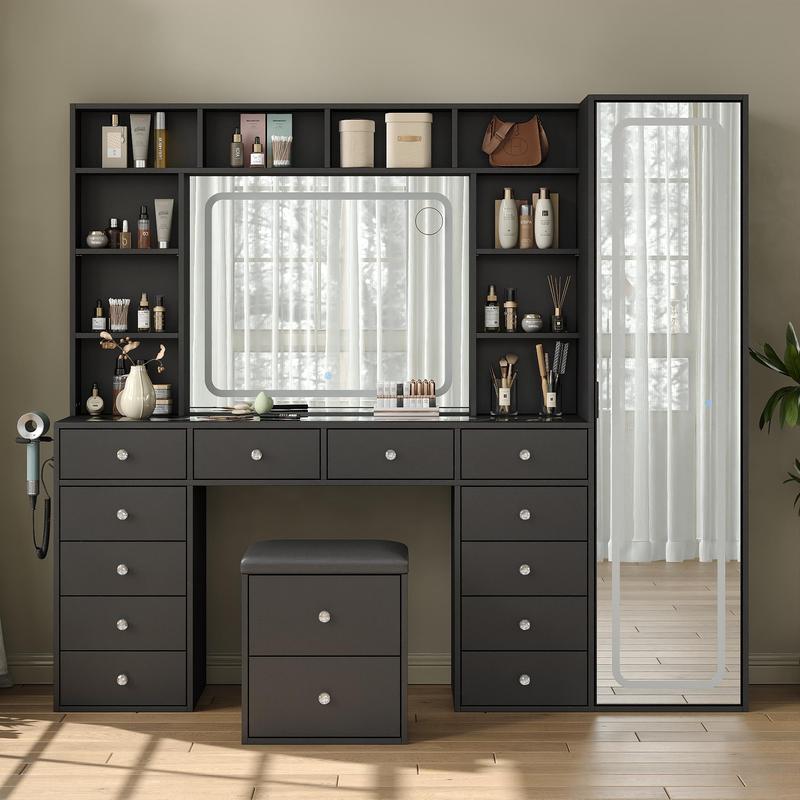 Luxury LED Vanity Desk with Mirror, Smart Makeup Station with Hidden Storage Cabinet & Charging Hub