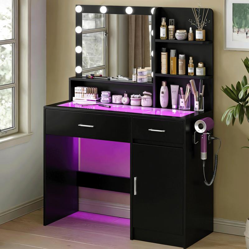 Vanity Desk With Mirror And 3 Lighting Modes 10 USB Power LED Lights