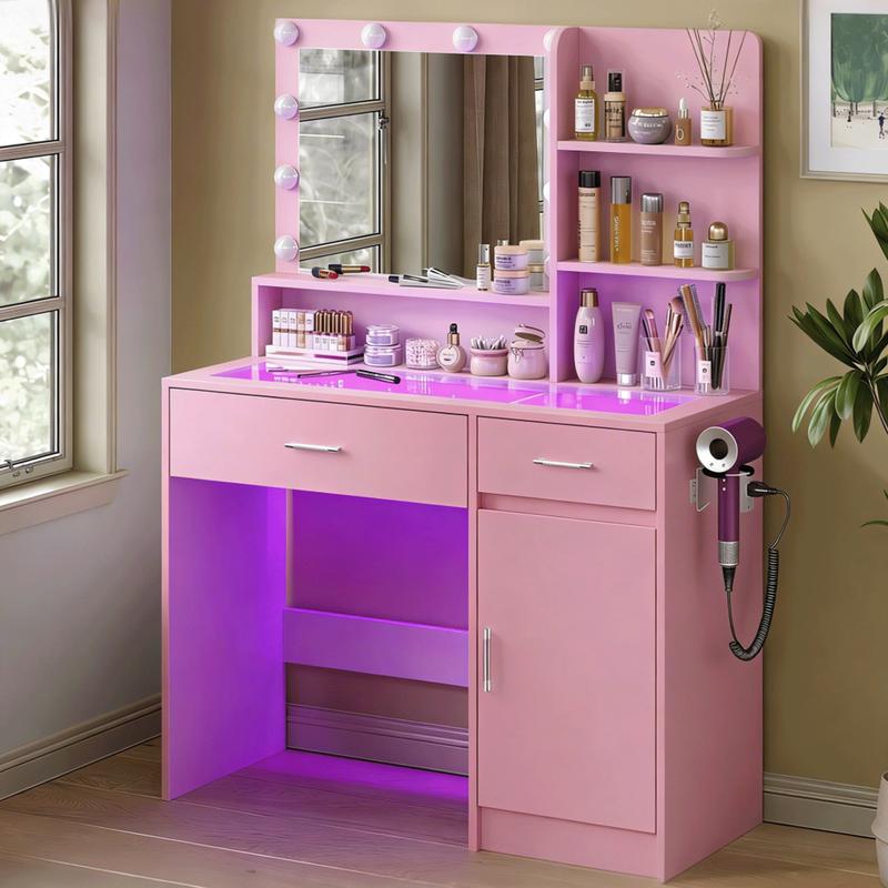 Vanity Desk With Mirror And 3 Lighting Modes 10 USB Power LED Lights